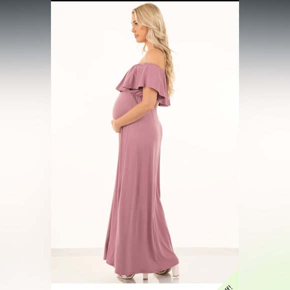 NWT Dusty Pink Ruffled Open Shoulder Maternity Dress - Picture 3 of 8